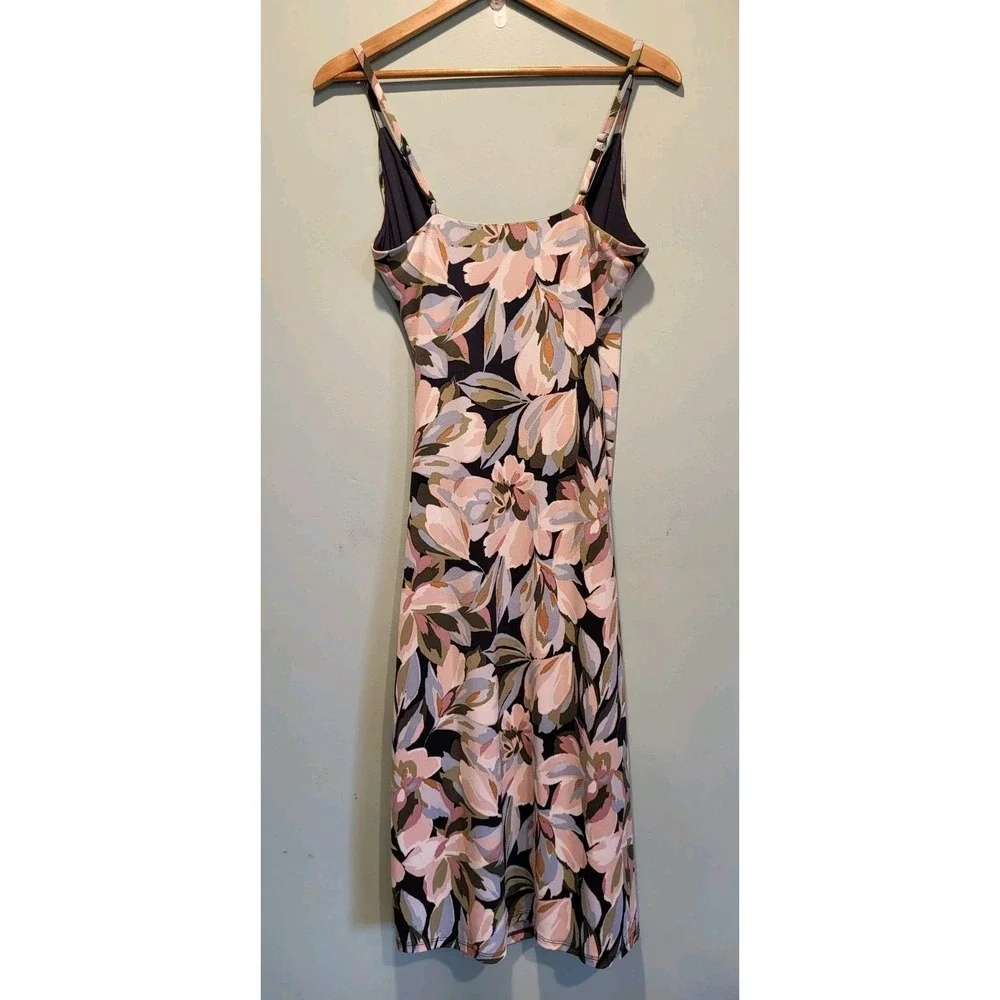 New Joie Sleeveless Blue Pink Floral Faux Wrap Midi Dress Sz M Ruched Stretch